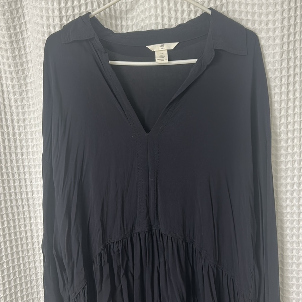 H&M L.O.G.G. Drop Waist Collared Black Dress Medium - Picture 5 of 11